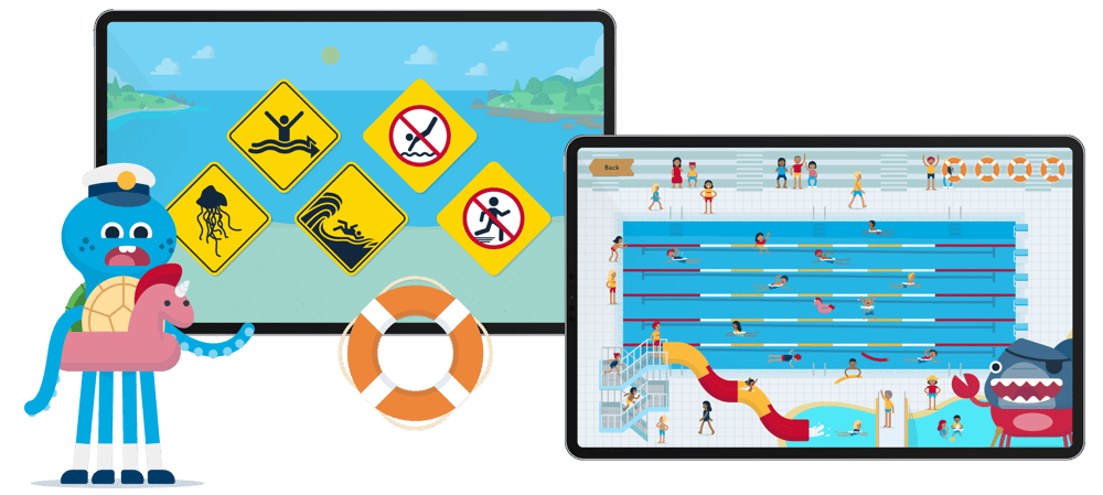Swim City characters with water safety signs and game screens