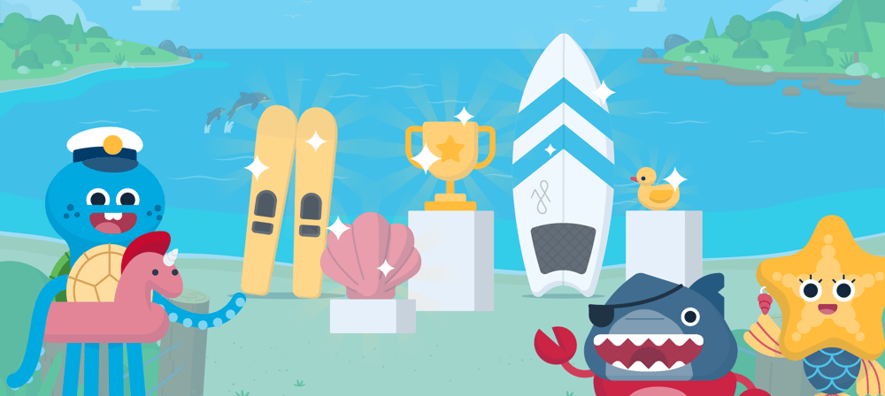 Swim City characters celebrating with trophies on the beach