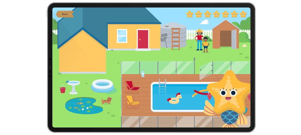 Swim City game on a tablet, showing a backyard pool scene