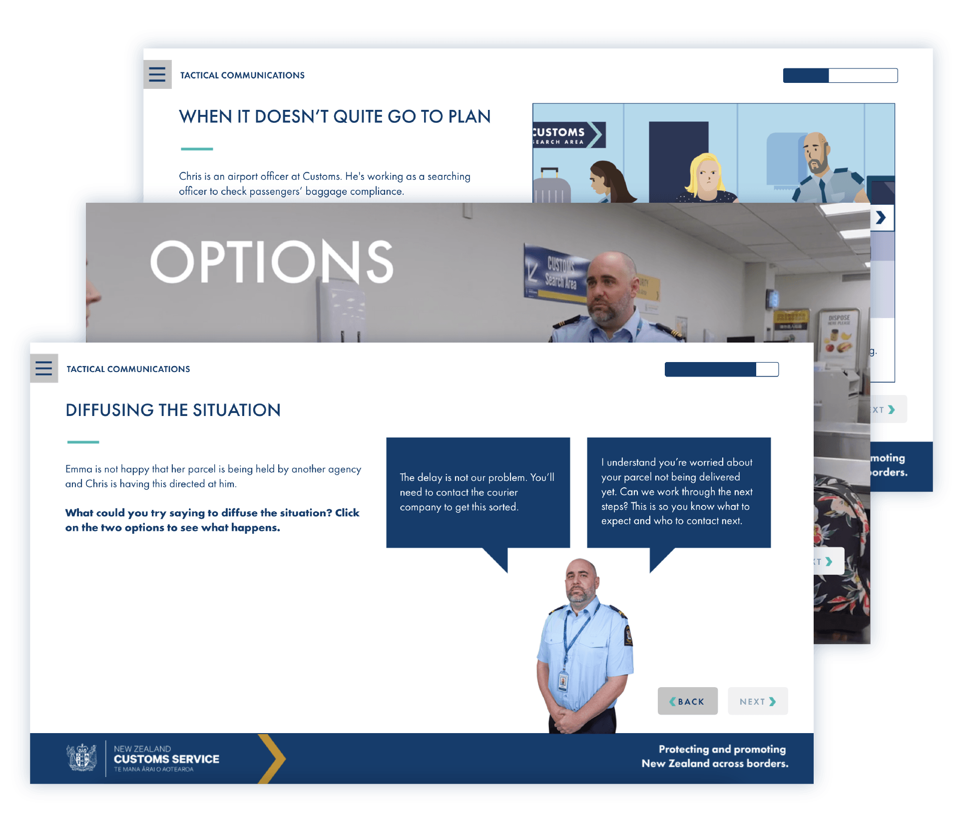 Screenshots of eLearning module pages showing scenarios with choose-your-own adventure style conversations
