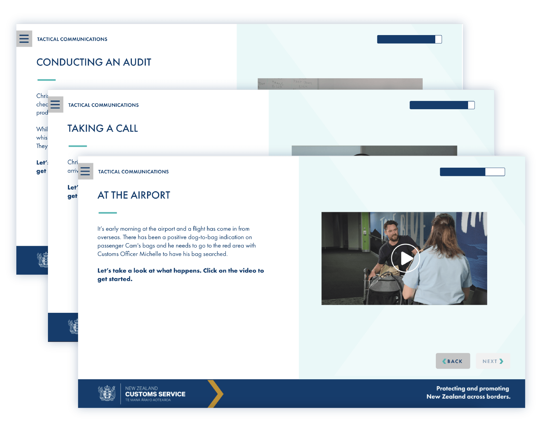 Screenshots of eLearning module pages with videos showing different scenarios
