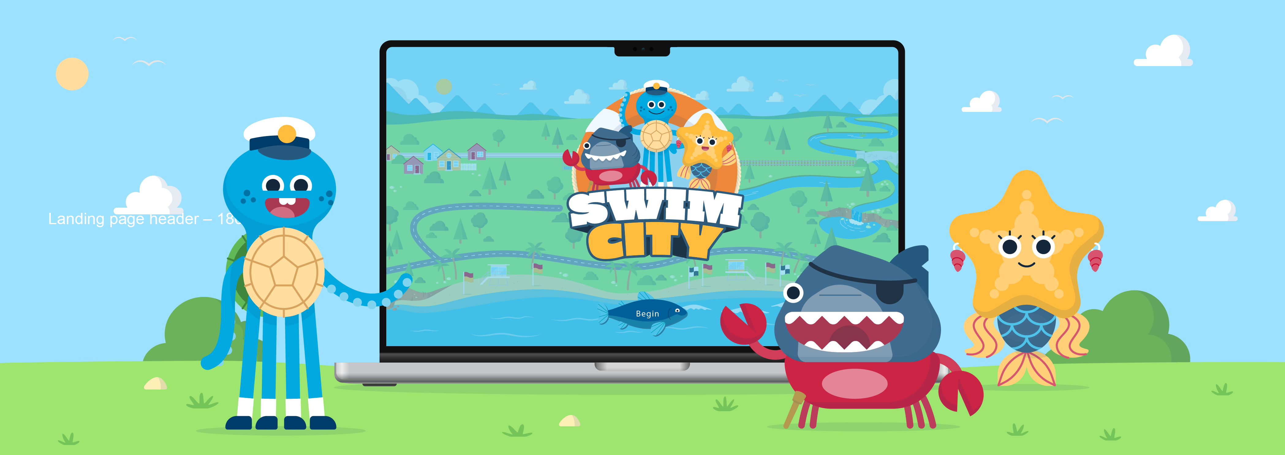 Swim City game characters with the game on a laptop